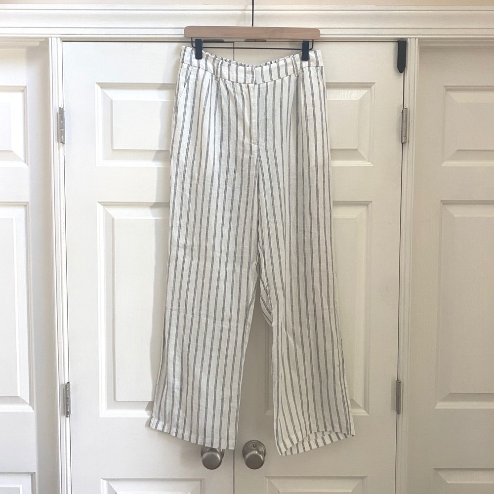 NWT Quince European Linen Women 8 Wide Leg Pant Oatmeal Stripe Eco Coastal